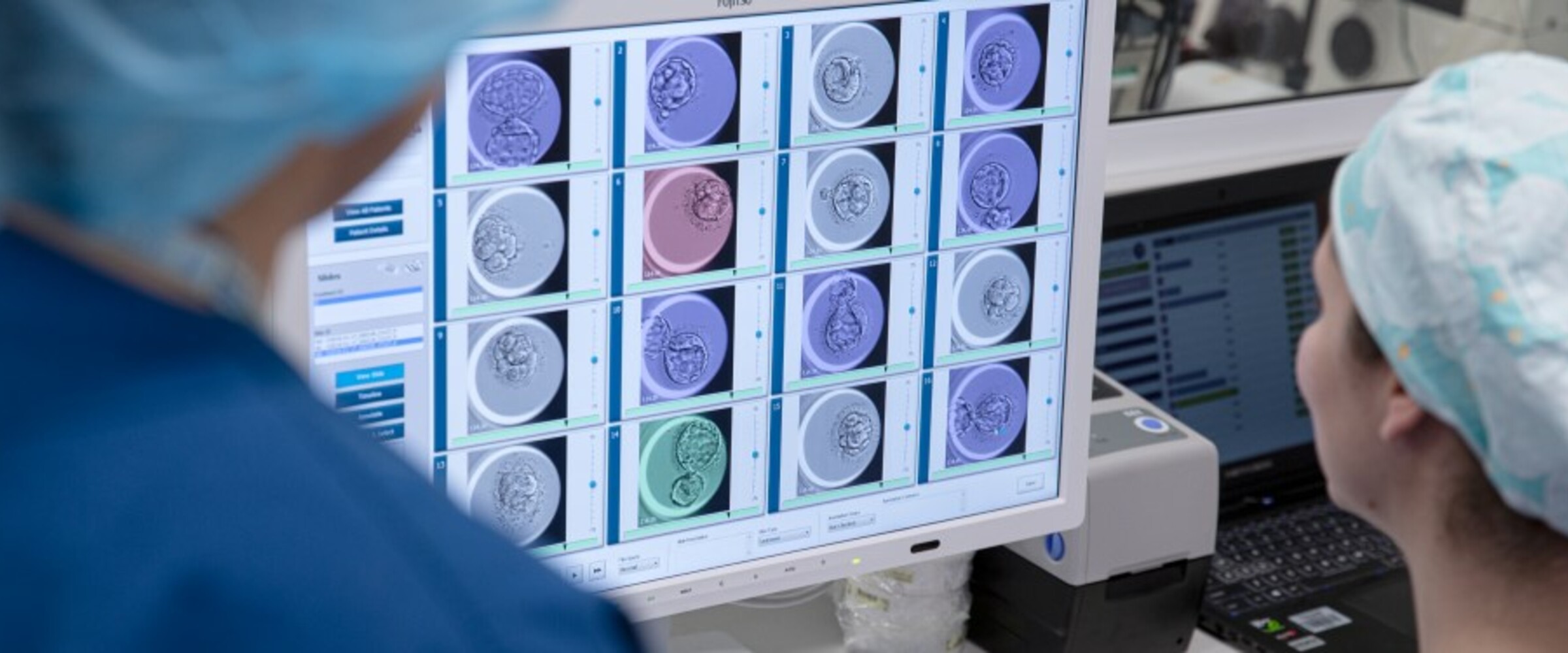 Embryologists looking at embryos with embryoscope